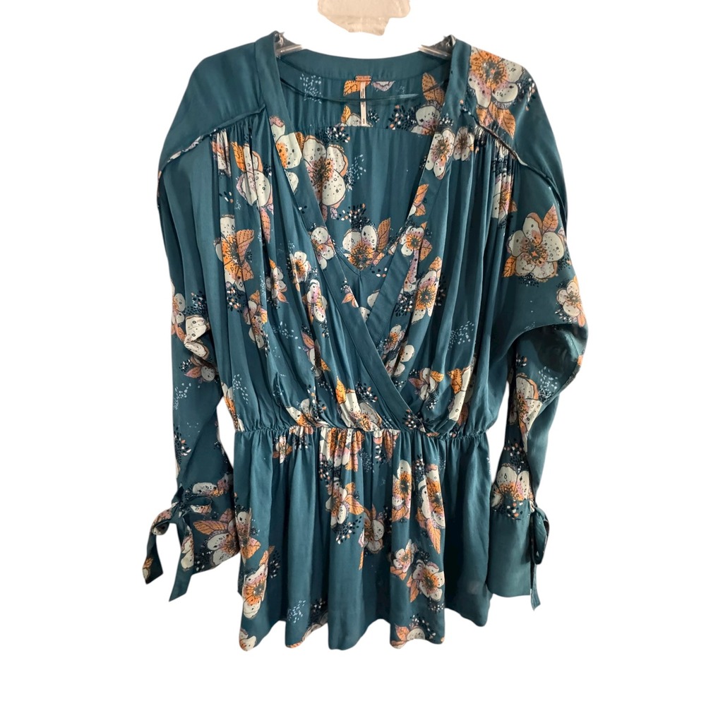 Free People Teal Floral Print Peplum V Neck Long Sleeve‎ Wrap Top S